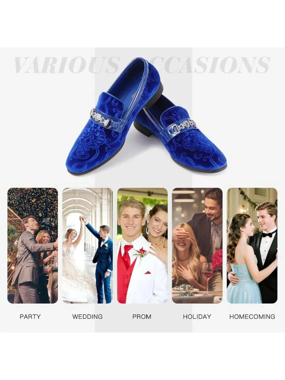 Men's Royal Blue Luxury Paisley Velvet Gold Buckle Loafers Slip On Dress Shoes